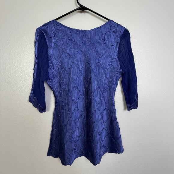 Komarov Crinkle Top Womens Large Blue Short Sleeve Shirt Sheer Holiday Sheen USA - Picture 5 of 8